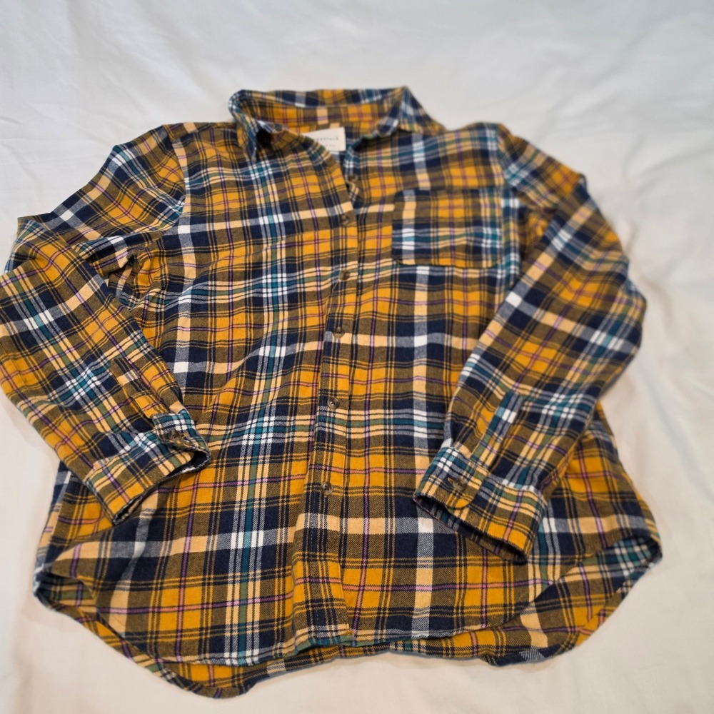 Aeropostale Flannel Shirt Womens Medium Yellow Plaid Excellent Boyfriend 5966